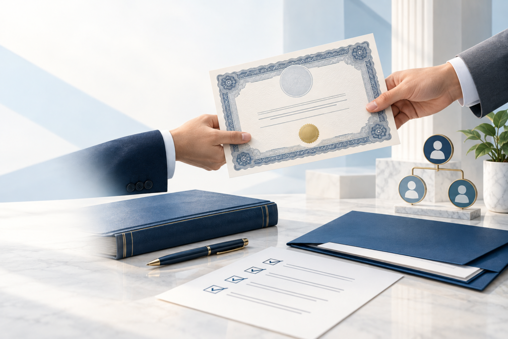 Share certificate transfer with corporate records checklist